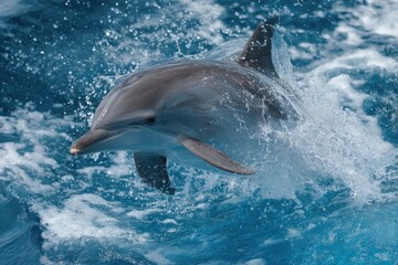 Obraz premium Dolphin leaps gracefully from the vibrant ocean waters, showcasing its agility and playful nature during a sunny day at sea