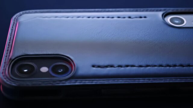 Close-up of leather case detail with visible camera and stitched design