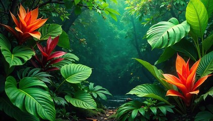 Lush vibrant tropical foliage, exotic plants thriving in a humid environment Large leaves, bright colors, abundant greenery Perfect for travel, nature, and botanical themes , greenery, texture
