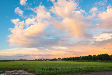 Orange colored clouds contrast sharply against the deep blue sky behind a thunderstorm over the Dutch countryside.