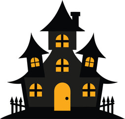 Vector art of spooky haunted house with glowing windows and a fence