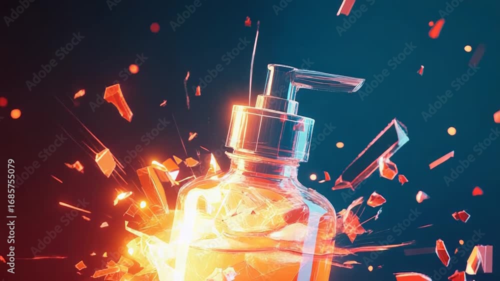 Poster dispenser bottle exploding with orange light and shards
