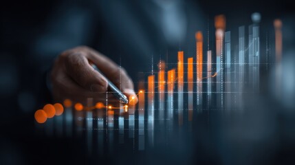 Data analyst reviews financial trends in a dark office environment during evening hours