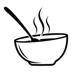 Vector art of a simple black and white illustration of a steaming bowl of soup with a spoon, isolated on a