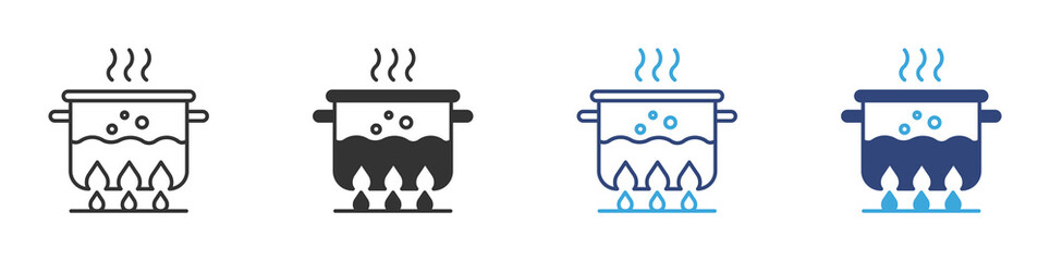 Pot of boiling water on a stove icon set in outline and flat style , vector illustration. 