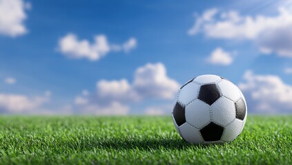 Fototapeta premium soccer ball on a green grass field with a blue sky background. concept of sport, a football match, or youth culture. copy space available. high quality image.