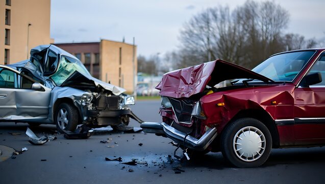 Serious Car Accident Scene with Two Damaged Vehicles Collided