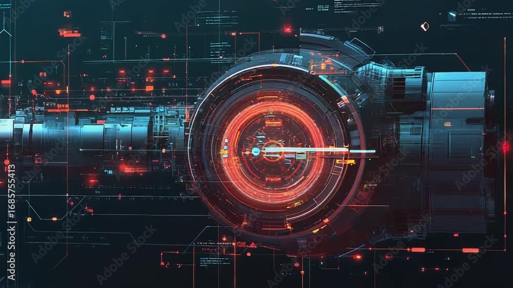 Poster futuristic engine rotating with digital data displaying technical information
