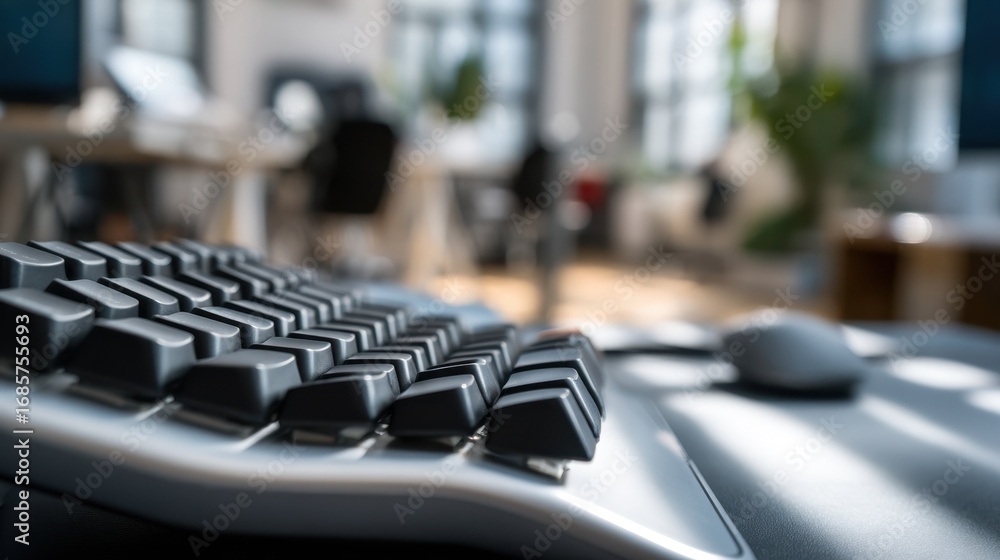 Poster closeup of an adjustable ergonomic keyboard with keys sharply in focus highlighting innovative desig