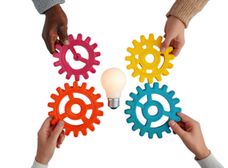 Diverse hands hold colorful gears arranged around a lightbulb, symbolizing teamwork and innovation