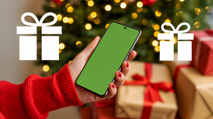 Hand Holding Smartphone with Green Screen Amidst Christmas Gifts and Tree mobile phone cell phone