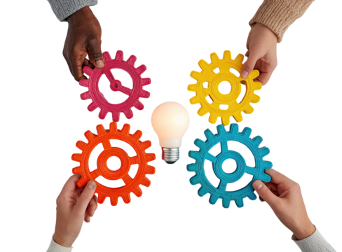 Diverse hands hold colorful gears arranged around a lightbulb, symbolizing teamwork and innovation