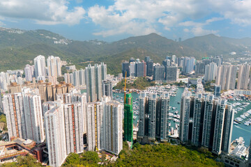 Aerial panoramic top view high rise skyscrapers of residential area Hong Kong city