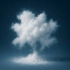White cloud exploding with snow particles on dark blue background