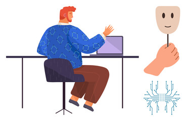 Man working on a laptop at a desk, mask symbolizing anonymity or identity. Ideal for digital security, online identity, technology, virtual interactions, cybersecurity, data protection, simple flat