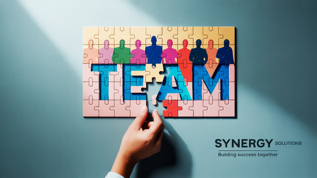 Hand Placing Last Puzzle Piece into TEAM Jigsaw Puzzle with Silhouettes Keywords: team, teamwork, puzzle, jigsaw, collaboration, unity, connection, together