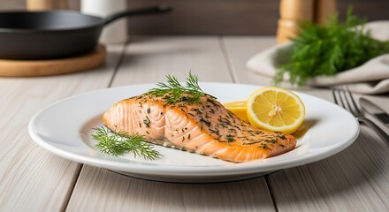 Deliciously cooked salmon fillet with fresh herbs and lemon slice on a plate
