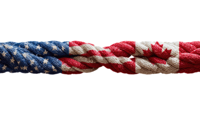 Two intertwined ropes, each bearing the flag of the USA and Canada, create a visual representation of close connection