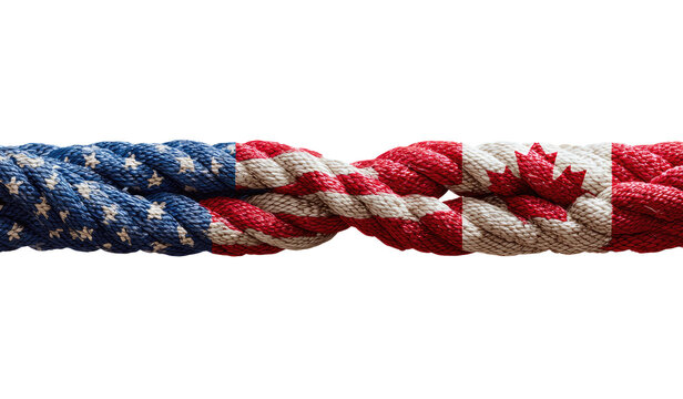 Two intertwined ropes, each bearing the flag of the USA and Canada, create a visual representation of close connection - Powered by Adobe