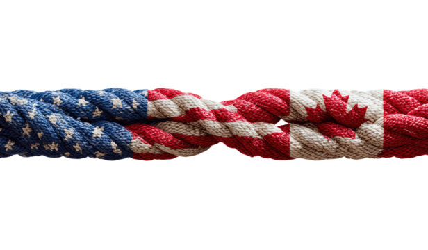 Two intertwined ropes, each bearing the flag of the USA and Canada, create a visual representation of close connection