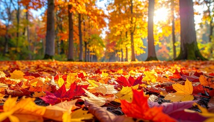 Forest ground covered with multicolored autumn leaf carpet, 