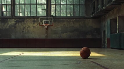 Empty indoor basketball court with single on floor - Powered by Adobe