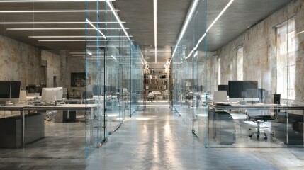 Modern office interior featuring glass partitions and minimalist design with natural light