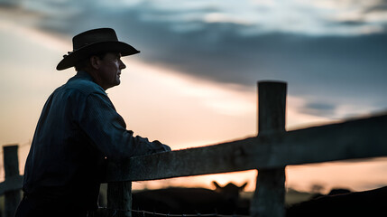 A Solitary Observer: Silhouette of a cowboy contemplating the landscape, leaning on a weathered wooden fence as the sunset bathes the scene in a warm glow.
