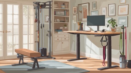 Home gym setup with adjustable desk for fitness and productivity in a bright, modern room during daylight hours