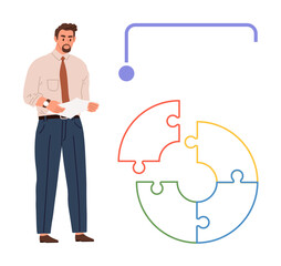 Business professional holding documents next to colorful circular puzzle diagram. Ideal for teamwork, strategy, problem-solving, data analysis, project management, collaboration, innovation. Simple