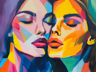 Fototapeta premium Two female figures meet in an embrace of intense colors and vibrant strokes.