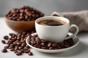 Warm cup of coffee surrounded by roasted coffee beans on a white surface with a wooden bowl in the background