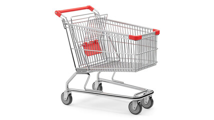 Shiny Metal Shopping Cart with Red Handle and Basket on White Background trolley supermarket