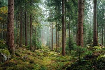 Fototapeta premium Vast forest panorama showcasing towering trees, lush greenery, and serene natural beauty during morning light in a tranquil woodland setting