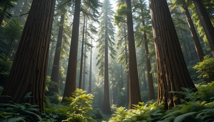 Sunlight shining through tall redwood trees in a dense forest area