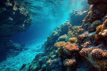 Fototapeta premium Exploring the vibrant coral reef dropoff at midday with sunlight illuminating shallow waters and diverse marine life