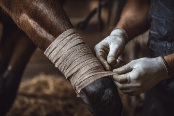Medication use behavior in animal healthcare involves applying bandages to a horse's leg in a barn setting, highlighting important veterinary practices and owner responsibility