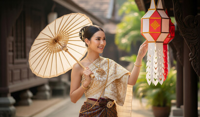 A young woman in Thai dress holding an umbrella in a Thai temple.