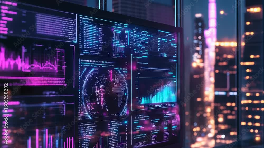 Poster computer screen showing futuristic user interface with charts and data in modern office at night