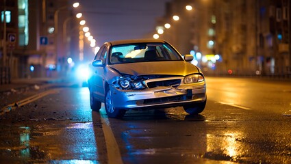 Car Crash on Wet City Street at Night