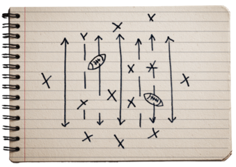 Hand-drawn football play diagram on lined notebook paper. Arrows show player movement. Multiple Xs mark player positions. Two footballs are present