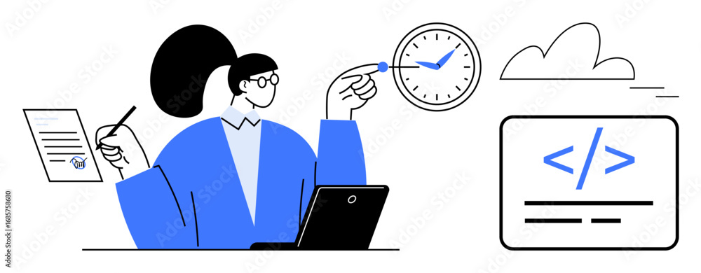 Poster woman holding pen and document, pointing at clock, with laptop, code, and cloud. ideal for productiv