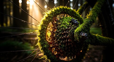 Close-up of a mountain bike rear cassette gear covered in vibrant green moss in a forest, symbolizing environmentalism, sustainability, and the harmony between nature and technology.