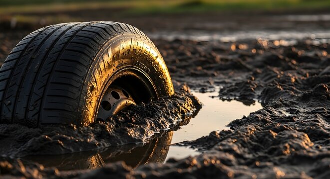 A car tire is deeply stuck in thick, golden-lit mud on a rural track, symbolizing a challenging journey or unexpected obstacle.