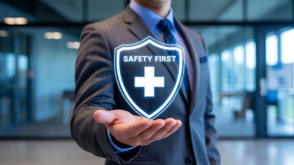 Businessman-office-extends-palm-with-glowing-blue-shield-showing-safety-first-text-plus-symbol-modern-secure-workplace-work-safety-safety-training-concept