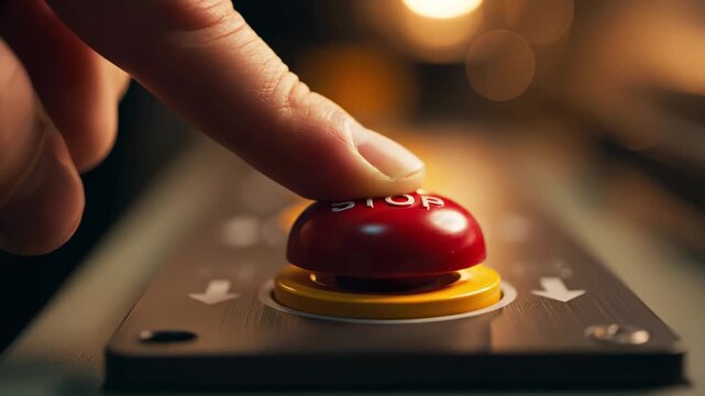  a fingertip depressing a red mushroom &ldquo;STOP&rdquo; button on an industrial panel with a safety-yellow guard rin