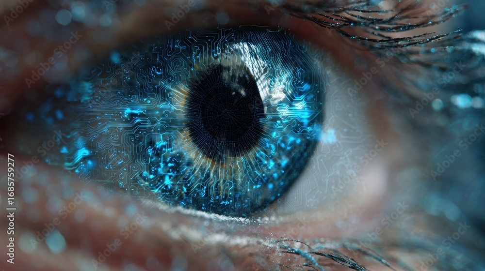 Poster digital eye with intricate circuit patterns reflecting technology and innovation