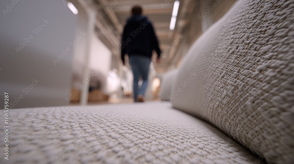 Poster Medium shot capturing an individual virtually walking through an online 3D furniture setup highlighting detailed textures of the sofa while the background remains out of focus.