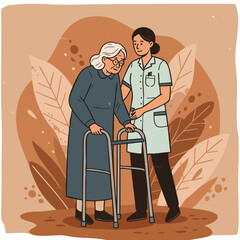 Elderly woman with walker assisted by female caregiver in medical uniform healthcare support vector illustration 