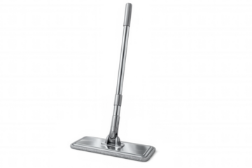 Cleaning mop with microfiber pad and metallic handle, isolated on transparent background, ready for household chores